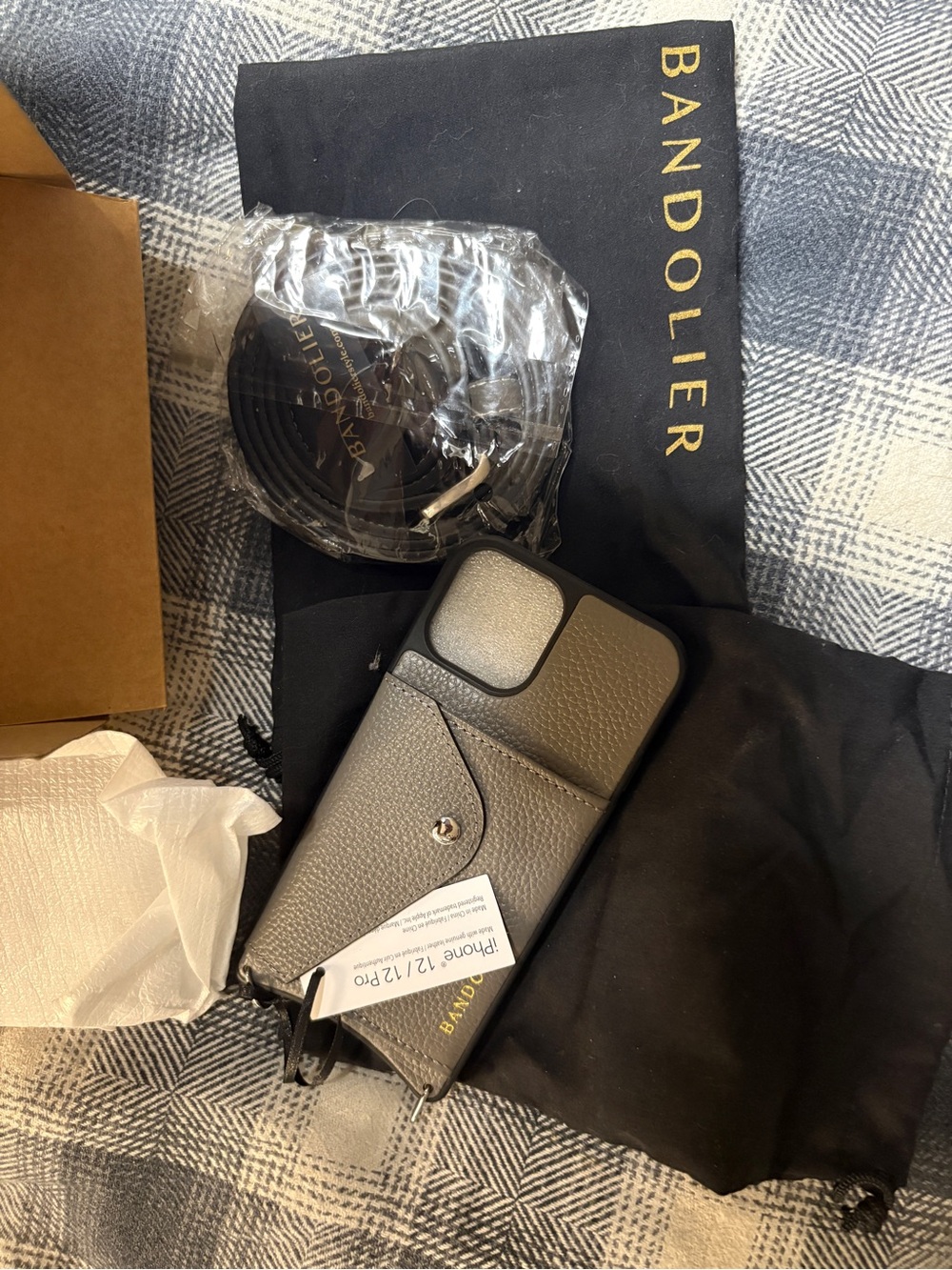 Bandolier pewter Grey Leather iPhone 12/12 Pro Crossbody Case with Card Pocket